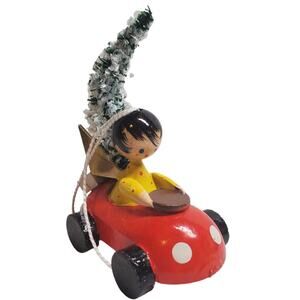 Wooden Ornament - Angel on Car - Made in East Germany Vintage